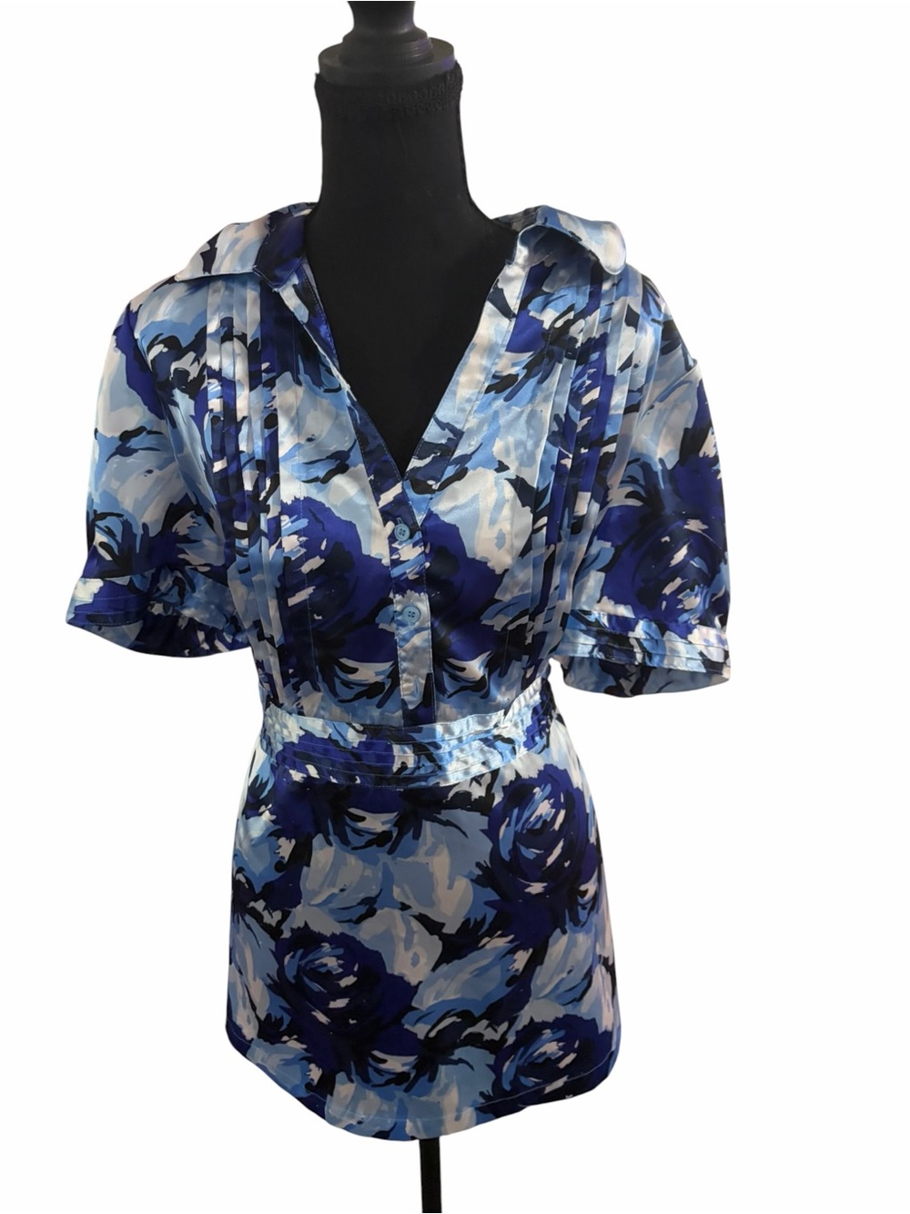 Apt. 9 XL Blue Floral Satin Tie Waist Blouse